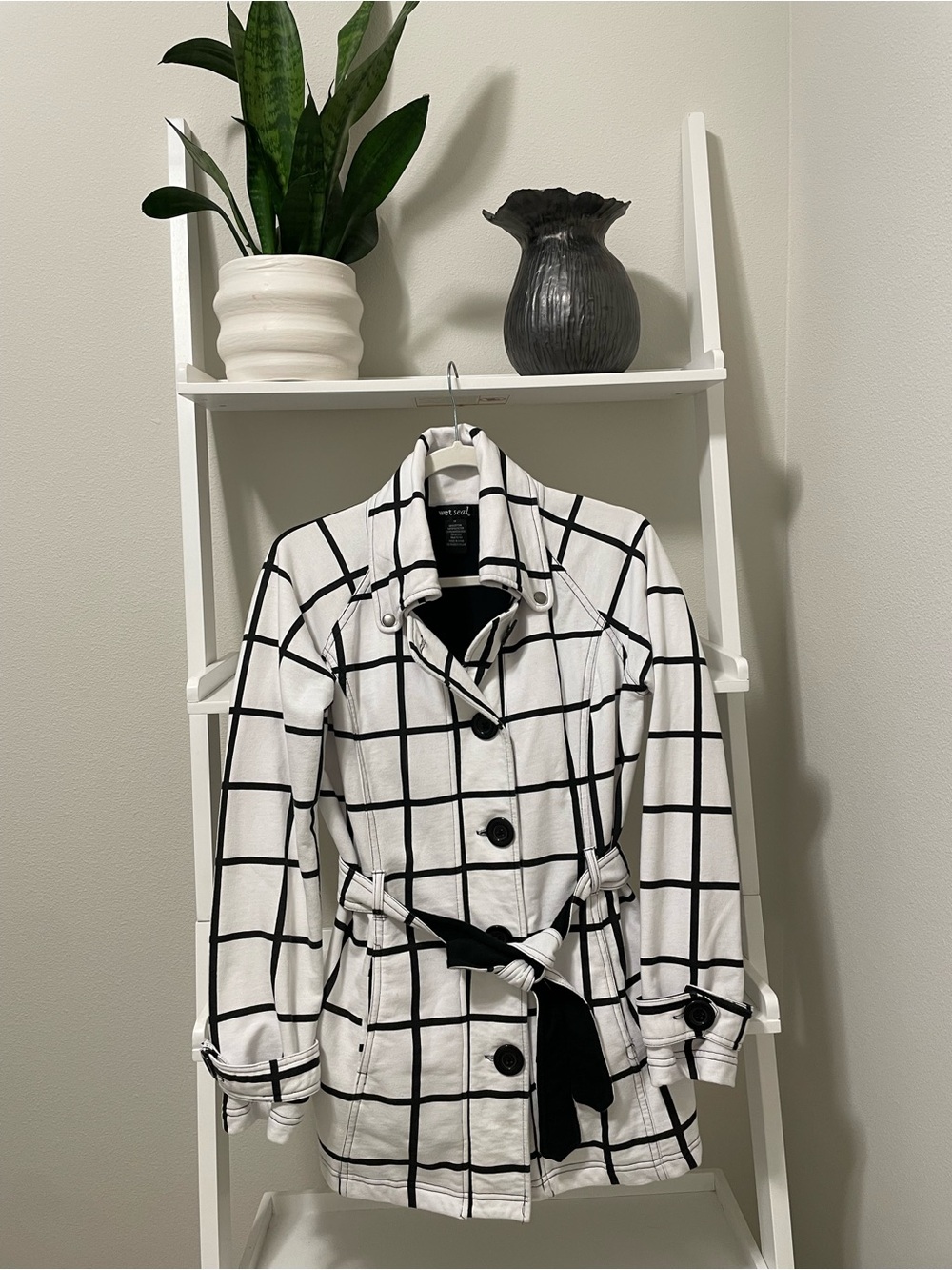 Wet Seal White Trench Coat with Black Windowpane Check